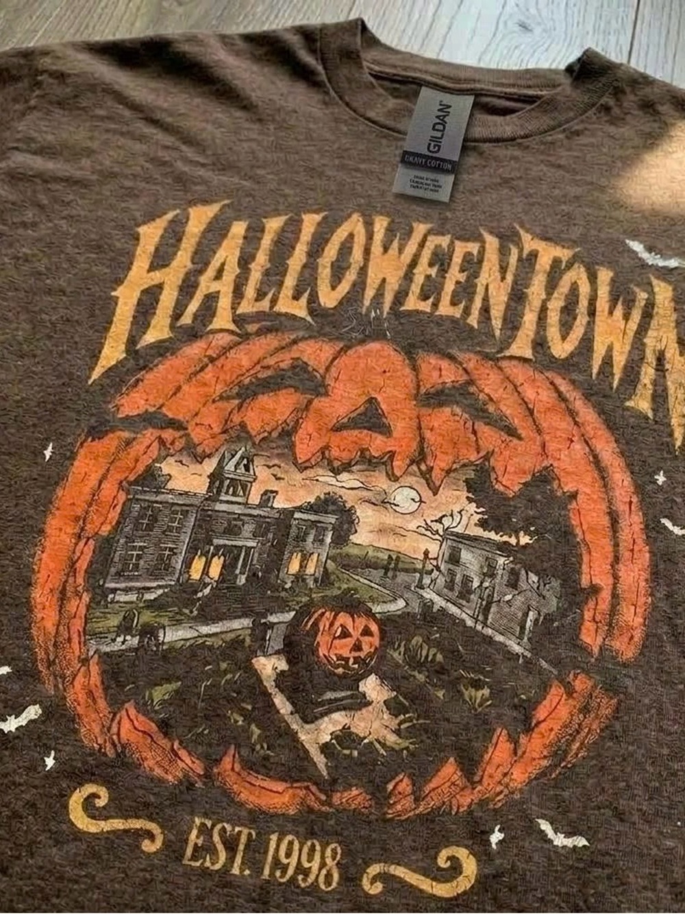 Gildan Brown Tee with Orange Halloween Town Pumpkin Graphic - Picture 2 of 5